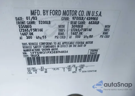 2003 Ford F-350 Lariat/Xl/Xlt из США, поврежденный, VIN 1FTSW31PX3EB94824